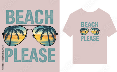 Aviator sunglasses reflecting a tropical beach sunset with text t-shirt