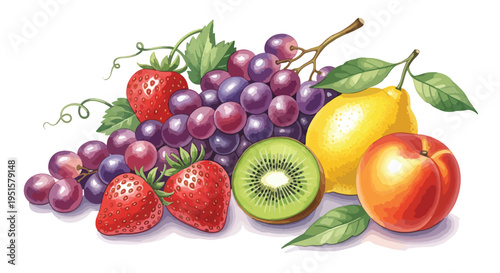 Colorful still life of assorted fresh fruits including strawberries, grapes, kiwi, and peaches with green leaves on a white background.