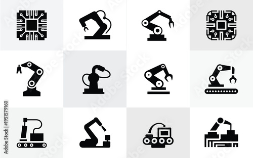 Industrial robotic arms and machinery icons in black on gray background for manufacturing and technology concepts
