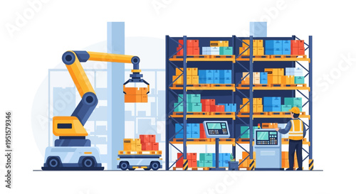 Automated Smart Warehouse Operations: Robotic Arm, AGV, and Human Worker Managing Modern Logistics and Industry 4.0 Technology