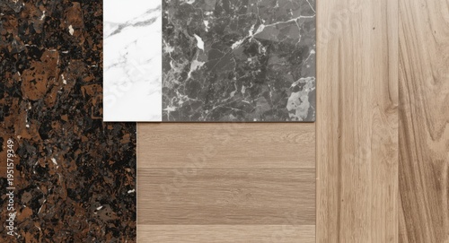 Modern style material samples board with polished marble, quartz, and textured wood floor pieces