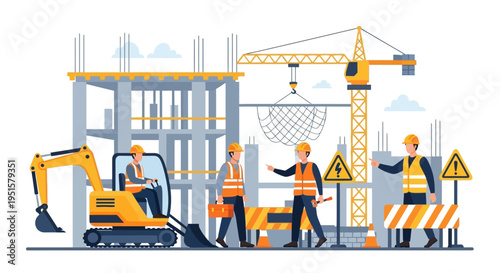 Building Construction Site with Workers, Crane, and Excavator