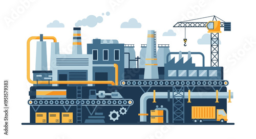 Modern Industrial Factory Building with Production Line, Logistics, and Crane. Flat Vector Illustration of Manufacturing Process and Supply Chain.
