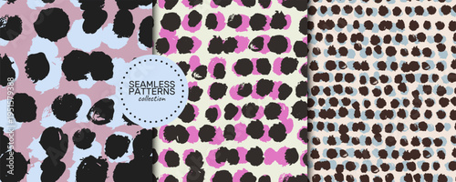 A seamless vector patterns collection in three bold colorways: pink with sky blue and black, cream with vibrant pink and black, and beige with muted brown and light blue