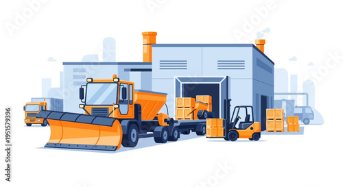 Industrial Logistics Operations: Snowplow Truck, Salt Spreader, and Forklift at Warehouse Loading Dock. Winter Maintenance and Supply Chain Illustration.