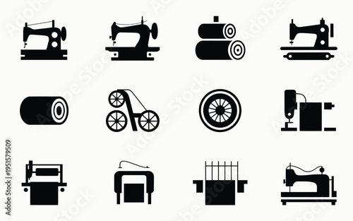 Collection of sewing machine and fabric icons in black silhouette on white background for textile and craft concepts
