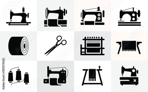 Sewing icons set including sewing machines scissors threads and fabric on white background for crafting and diy concepts