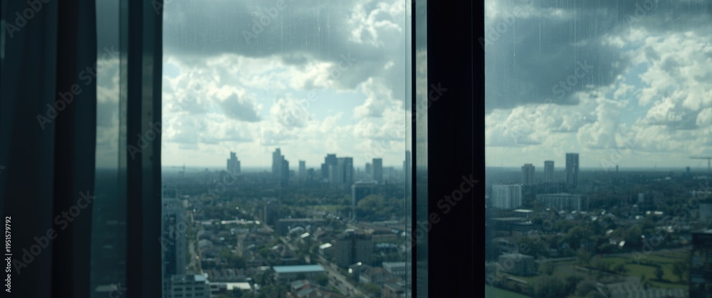Fototapeta premium Side angle of plastic window frame with city view and partially cloudy sky