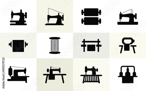 Sewing machines and textile equipment icons black silhouettes on beige and white background representing fabric production and craftsmanship tools