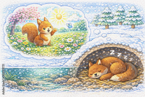 Children’s illustration of a sleeping fox in a winter den dreaming about a warm spring meadow with flowers, sunshine, and butterflies. Colored pencil style artwork showing seasonal contrast
