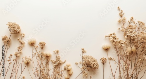 Soft neutral toned backdrop with dried flowers for refined aesthetic visual content and marketing