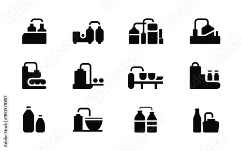 Set of black icons depicting various kitchen utensils and food preparation tools on white background for cooking and recipe themes
