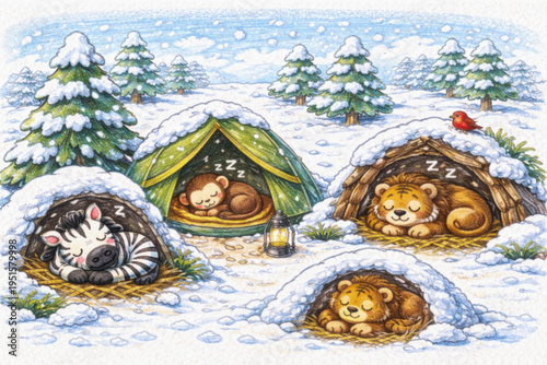 Children’s illustration of different animals sleeping in cozy shelters during winter, including a zebra, monkey, and lions resting in snowy dens and a tent. Colored pencil style artwork showing 