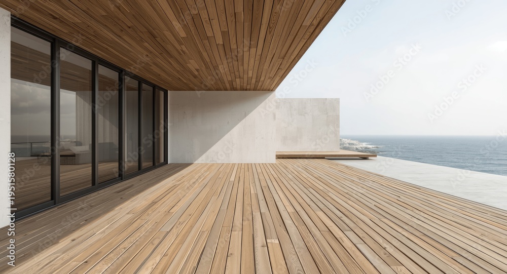 Fototapeta premium Expansive terrace with wooden floor and walls complemented by copy space and outside view