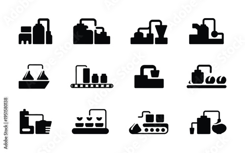 Industrial icons set including factory warehouse cargo ship construction manufacturing and production symbols