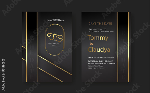 Elegant wedding invitation template vector, minimalist marriage card with luxury gold ornaments, romantic botanical save the date stationery.