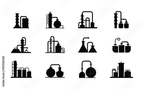 Industrial factory and laboratory equipment icons set black silhouettes on white background industrialization manufacturing chemistry