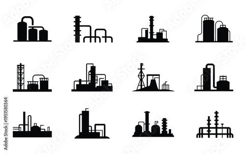Industrial factory buildings and manufacturing plants silhouette icons set industrial area with various industrial structures and facilities factory complexes and power plants