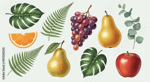 Flat lay composition of various fruits and leaves on a light background, featuring pears, grapes, an apple, orange slice, and tropical foliage.