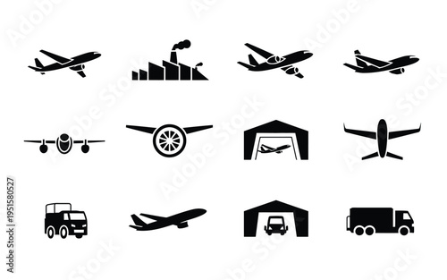 Airplane and truck transportation icons with airport elements