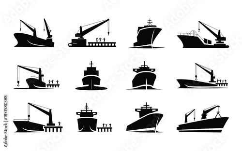 Collection of black silhouette ship and boat icons with cranes cargo vessels and tankers on calm water industrial maritime transportation fleet