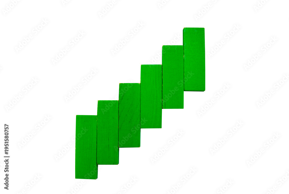 Fototapeta premium Green wooden blocks arranged in ascending order forming a growth chart concept isolated on transparent background.
