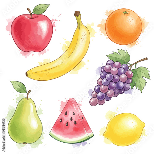 Watercolor illustration of assorted fresh fruits including apple, banana, orange, grapes, pear, watermelon, and lemon on white background.