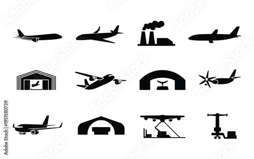 Airplane and airport silhouette icons set for travel and aviation concepts