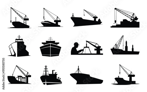 Black silhouettes of various ships and boats with cranes and industrial equipment on a white background for maritime and industrial concepts
