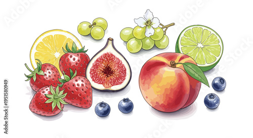 Colorful still life of assorted fresh fruits including strawberries, blueberries, and sliced citrus on a clean white background.