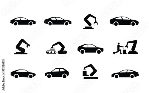 Black icons of cars and industrial machinery on white background for manufacturing and automotive concepts