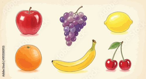 Illustration of various fruits including an apple, grapes, lemon, orange, banana, and cherries on a beige background with a soft focus effect.