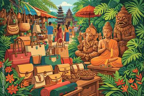 Vibrant Asian Market with Souvenirs and Traditional Statues