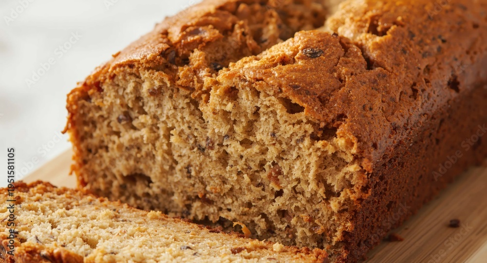 Fototapeta premium Golden baked banana bread with a moist and fluffy core