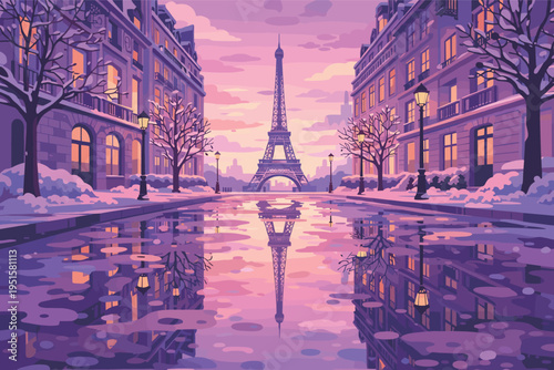 Winter Evening in Paris with Eiffel Tower and Street Reflection