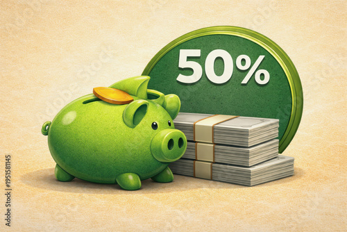 Green piggy bank with coin and stacks of money beside a 50 percent sign. Financial savings concept illustrating discount, interest rate, investment growth, budgeting and personal finance.