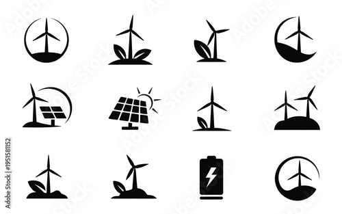 Renewable energy icons set solar wind power and battery symbols in black on white background