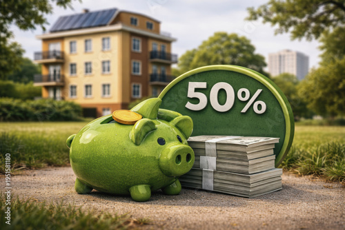 Green piggy bank with coin and stacks of money near a 50 percent sign in front of a residential building. Concept of mortgage savings, property investment, housing finance and real estate discounts.