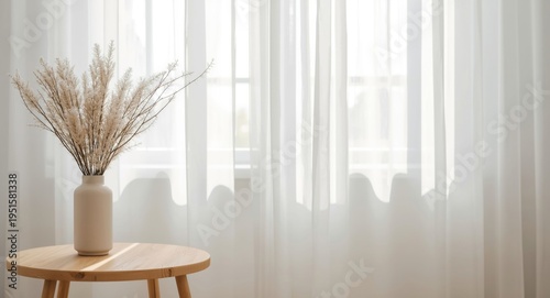 Scandinavian aesthetic with wooden table, minimal vase, and sunlit white curtains