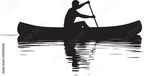 Black silhouette of man paddling canoe on calm water