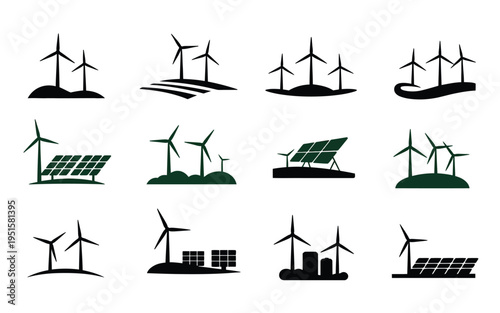 Renewable energy icons set wind turbines and solar panels on landscapes sustainable power generation symbols