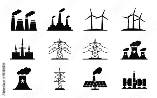 Industrial energy icons set power plants wind turbines transmission towers and solar panels for sustainable energy concepts