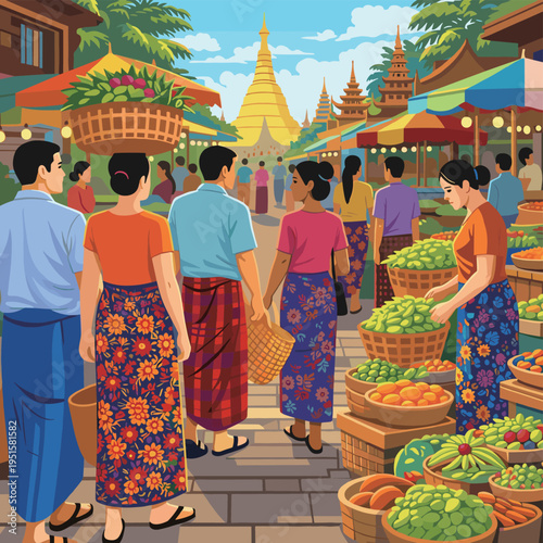 Vibrant Asian Street Market Scene with People and Pagoda