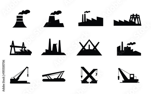 Industrial construction icons set factories oil rigs cranes and mining equipment silhouettes on white background