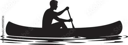 Black silhouette of man paddling canoe on water paddle