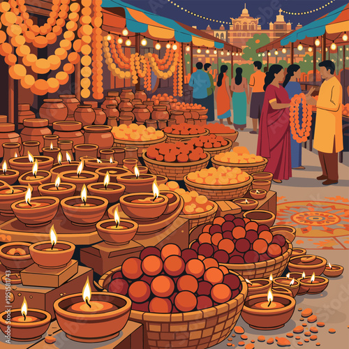 Vibrant Indian Festival Market with Traditional Lamps and Sweets