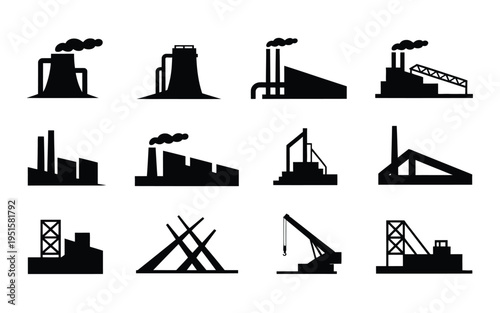 Industrial construction sites with various heavy machinery and buildings in black silhouette on white background