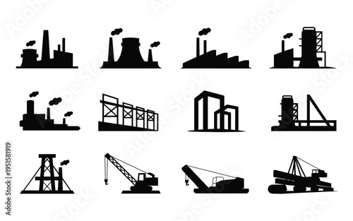 Industrial construction silhouettes factories machinery and buildings in black on white background