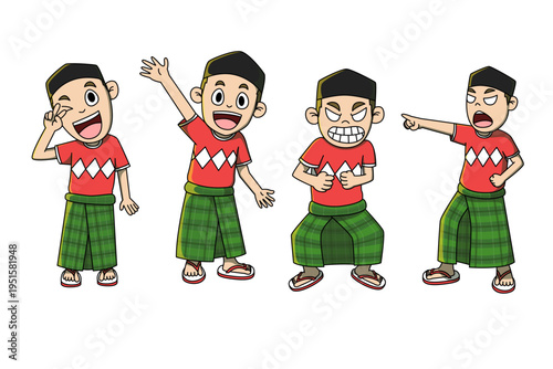 A young boy wearing a traditional sarong and peci stands calmly in a modest setting, captured at eye level with soft natural light, highlighting cultural identity and peaceful expression.