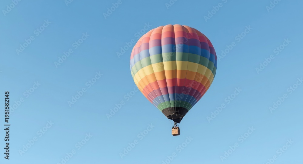 Obraz premium Sleek 3D product display with a colorful hot air balloon set in a clear blue sky representing vacation time